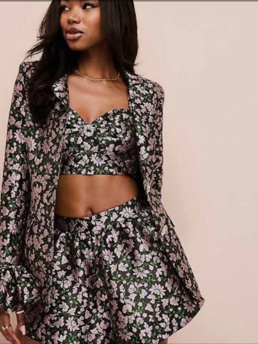 ASOS LUXE 3-Piece Floral Jacquard Set - Blazer, Shorts & Crop Top
